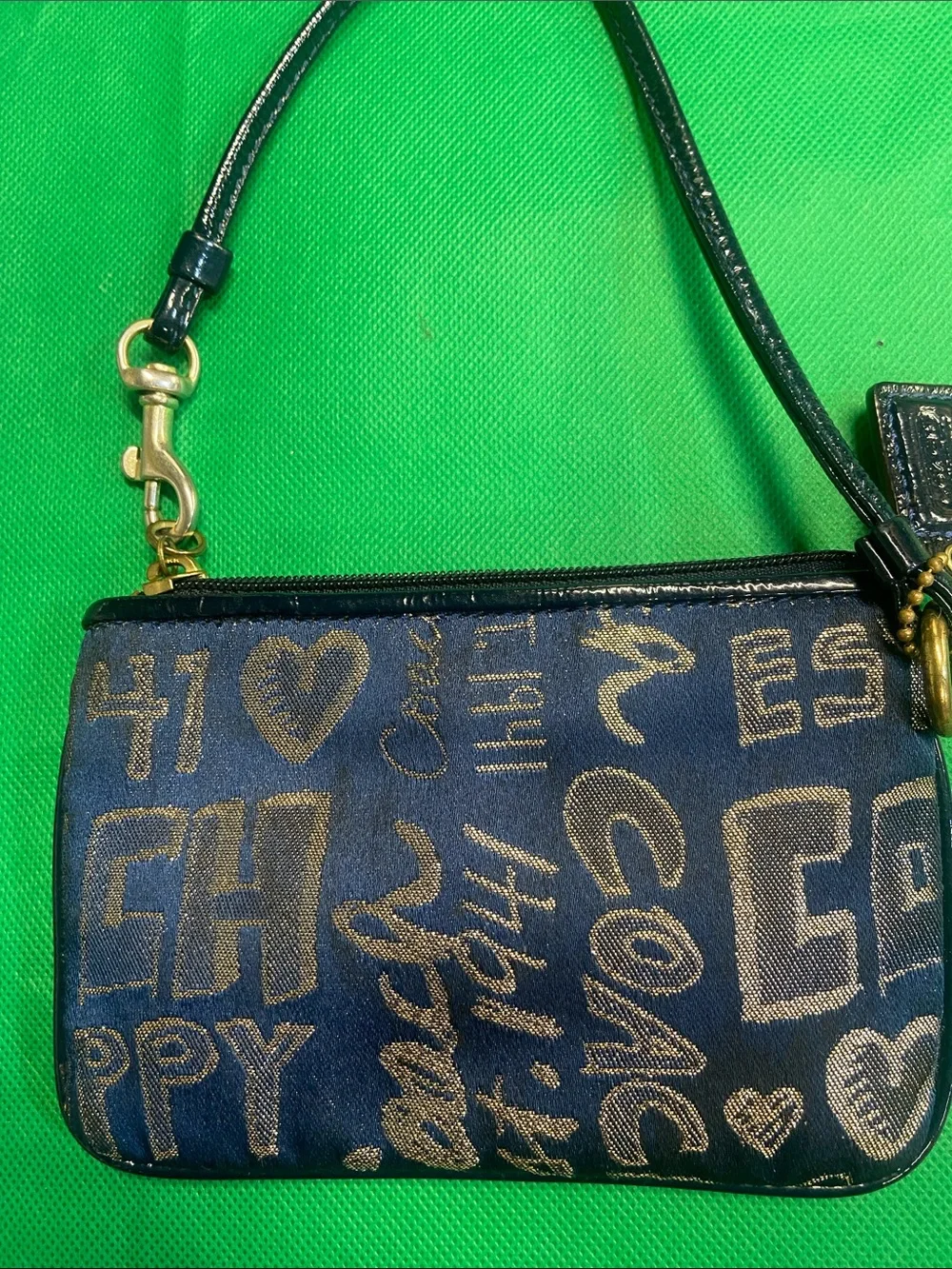 Vintage Coach Graffiti Script Navy and Gold Poppy Wristlet with Gold Plaque